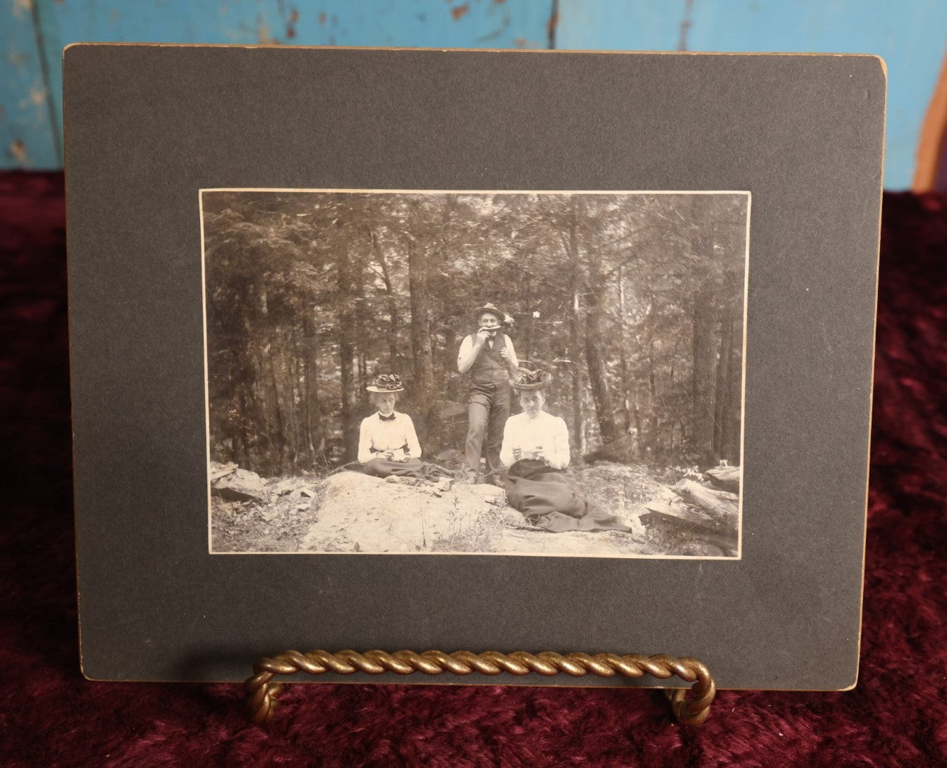 Lot 162 - Boarded Photo - Man And Two Women Having Picnic, Man Eating Watermelon, Old Furnace, Connecticut, Identified On Back