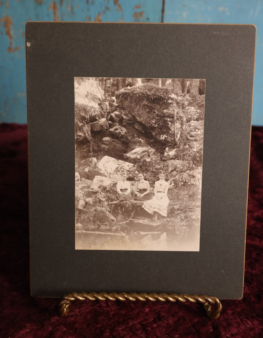 Lot 163 - Boarded Photo - Three Young Girls Sitting At Base Of Rock Fixture, Sitting On Log, Old Furnace, Connecticut, Identified On Back