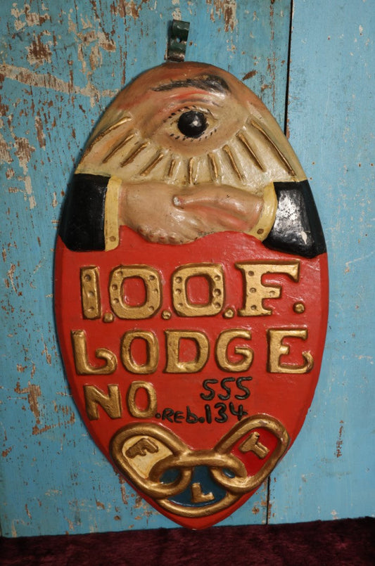 Lot 003 - Antique Plaster Chalkware I.O.O.F. Independent Order of Odd Fellows Lodge No. 555 Rebekah Lodge 134 Plaque With All-Seeing Eye, Shaking Hands, F.L.T. Friendship Love And Truth Three Links