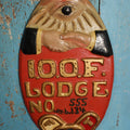 Lot 003 - Antique Plaster Chalkware I.O.O.F. Independent Order of Odd Fellows Lodge No. 555 Rebekah Lodge 134 Plaque With All-Seeing Eye, Shaking Hands, F.L.T. Friendship Love And Truth Three Links, Note Stress Crack