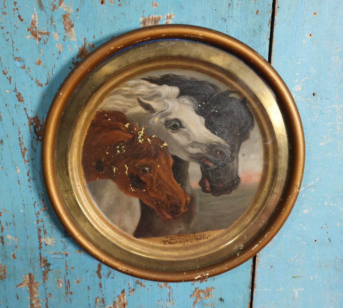 Lot 004 - Antique Pharaoh's Horses Painting On Brass Tin Plate, After A Woodcut of The Original Painting By J.F. Herring, Signbed M.S. Wood, Behind Glass, Note Losses, Wear