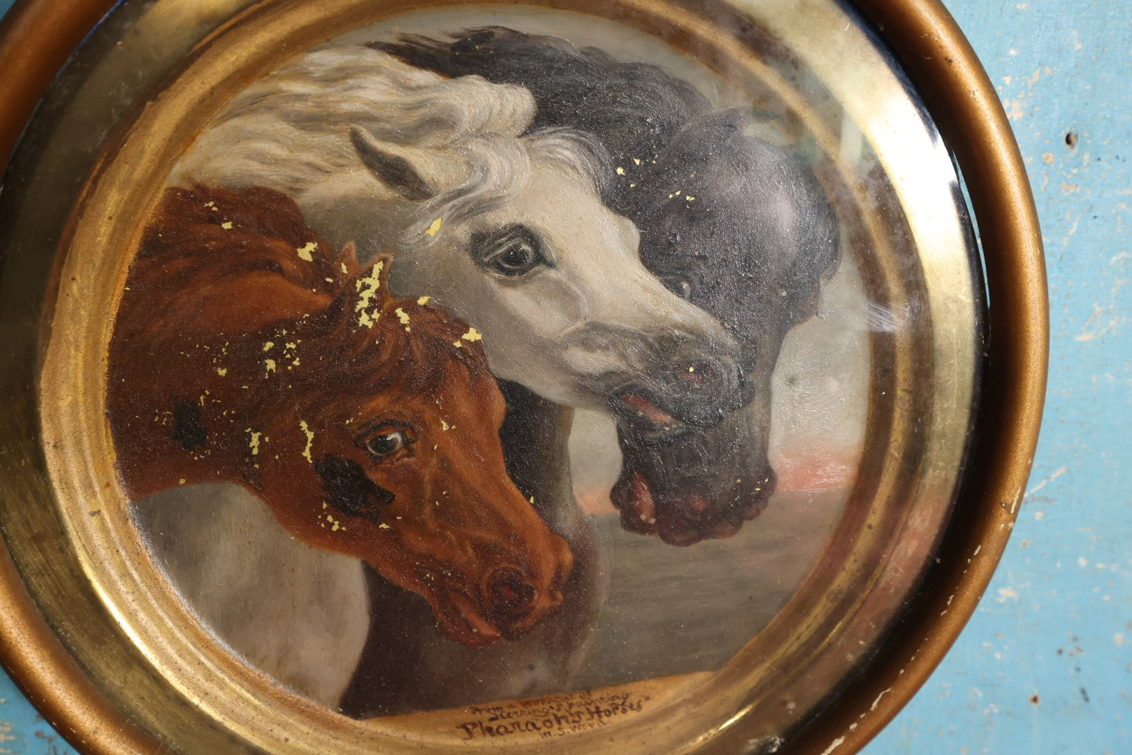 Lot 004 - Antique Pharaoh's Horses Painting On Brass Tin Plate, After A Woodcut of The Original Painting By J.F. Herring, Signbed M.S. Wood, Behind Glass, Note Losses, Wear