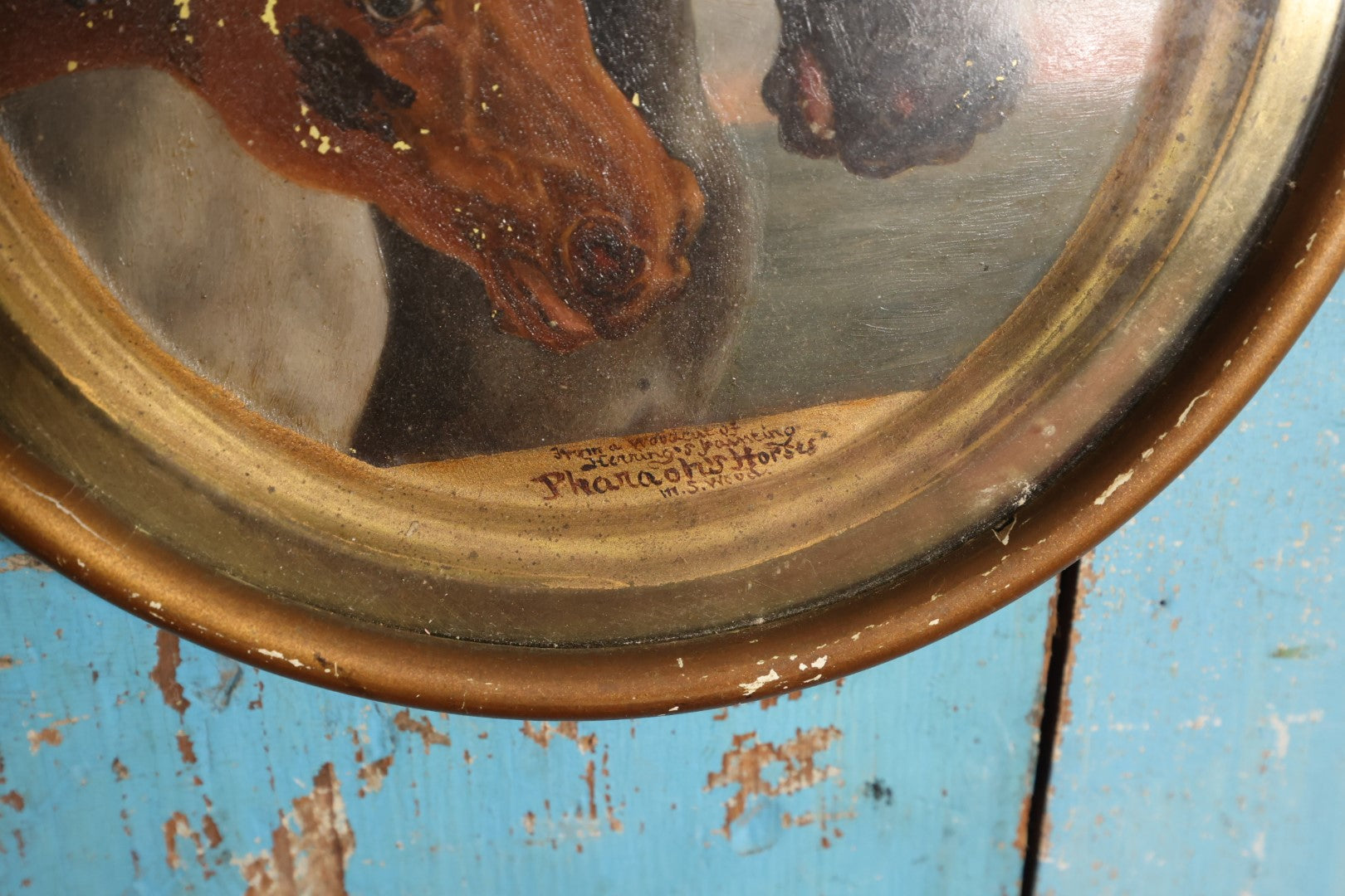 Lot 004 - Antique Pharaoh's Horses Painting On Brass Tin Plate, After A Woodcut of The Original Painting By J.F. Herring, Signbed M.S. Wood, Behind Glass, Note Losses, Wear