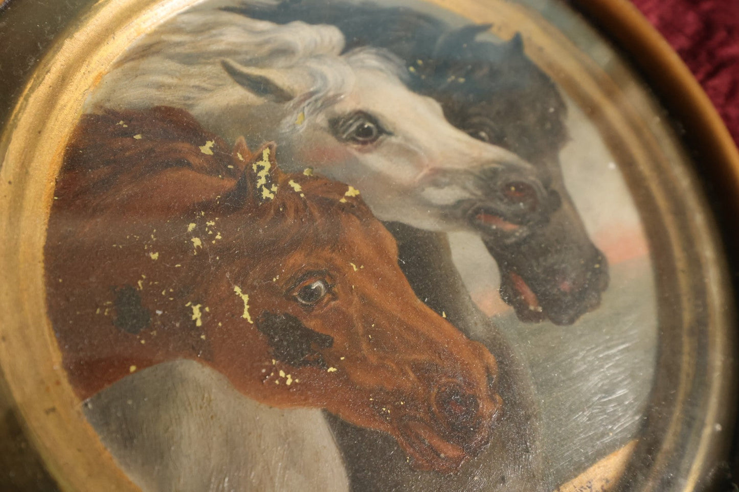 Lot 004 - Antique Pharaoh's Horses Painting On Brass Tin Plate, After A Woodcut of The Original Painting By J.F. Herring, Signbed M.S. Wood, Behind Glass, Note Losses, Wear