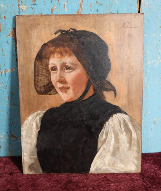 Lot 005 - Antique Portrait Painting On Wood Panel, Young Woman In Dark Bonnet, Signed A. Tobias, Attributed To Adele Tobias (German, Active 1877-1899)