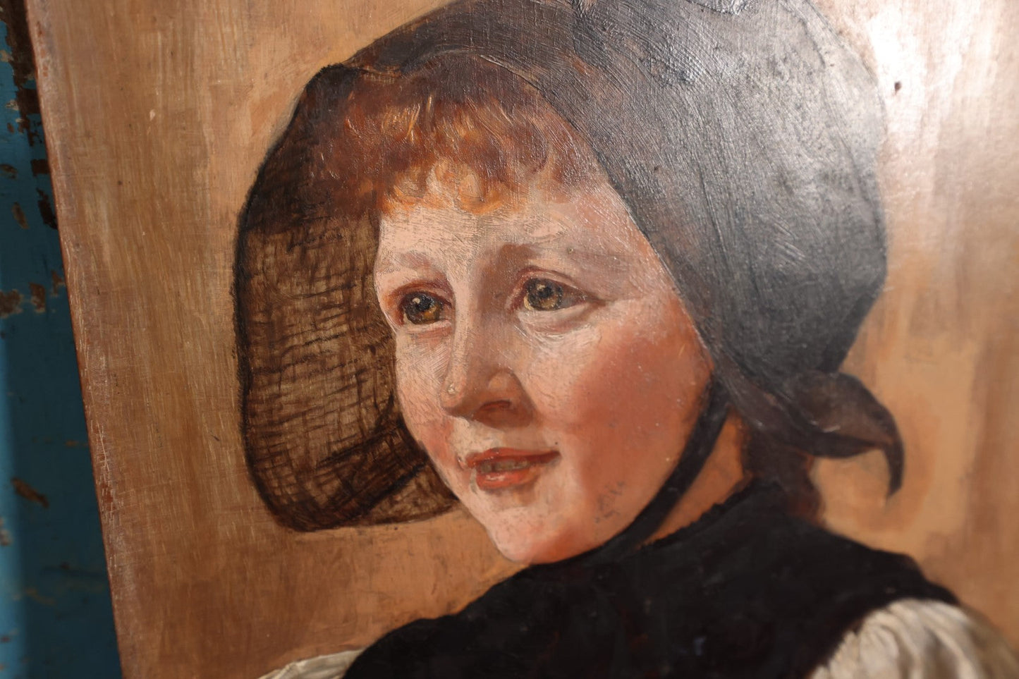 Lot 005 - Antique Portrait Painting On Wood Panel, Young Woman In Dark Bonnet, Signed A. Tobias, Attributed To Adele Tobias (German, Active 1877-1899)