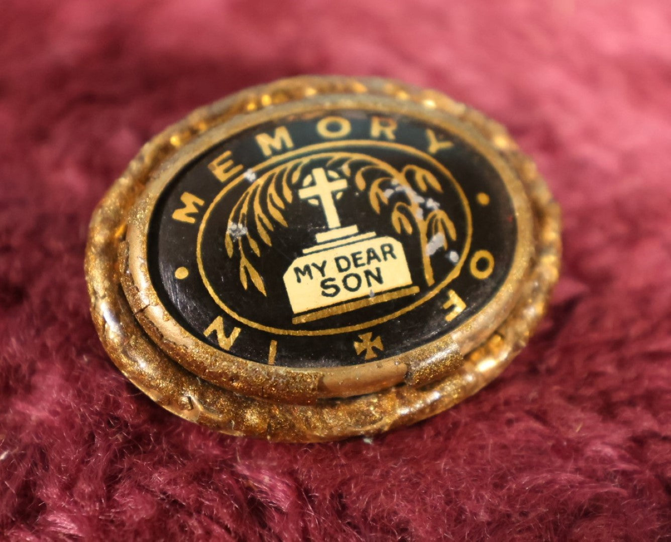 Lot 007 - Antique English Mourning Brooch, "In Memory of My Dear Son," With Cross, Gravestone, Weeping Willow, Note Rust, Wear