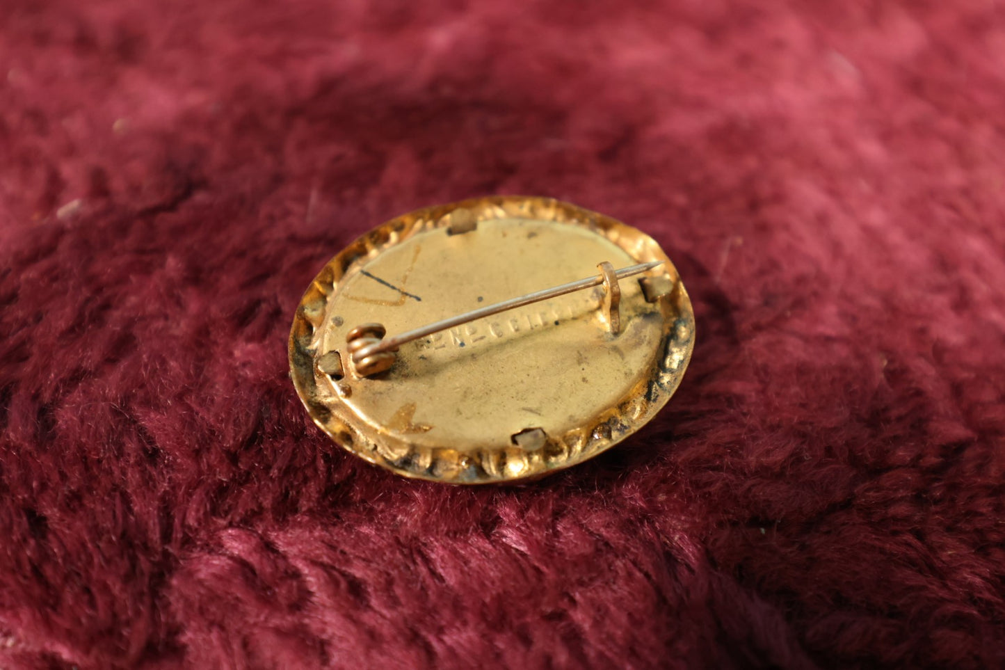 Lot 007 - Antique English Mourning Brooch, "In Memory of My Dear Son," With Cross, Gravestone, Weeping Willow, Note Rust, Wear