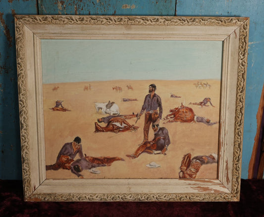 Lot 008 - Vintage Oil On Wood Panel Painting, Western Scene With Cowboy Having Slaughtered Many Men, Horses, Gruesome, Gory, And Violent, Titled "What An Unbranded Cow Has Cost," Unsigned