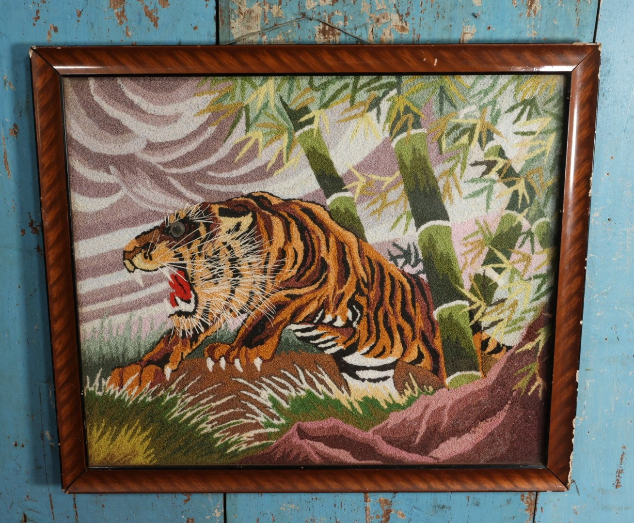 Lot 009 - Vintage Japanese Embroidered Tiger Textile Art In Frame, Circa 1969, Backed With Wood Panel