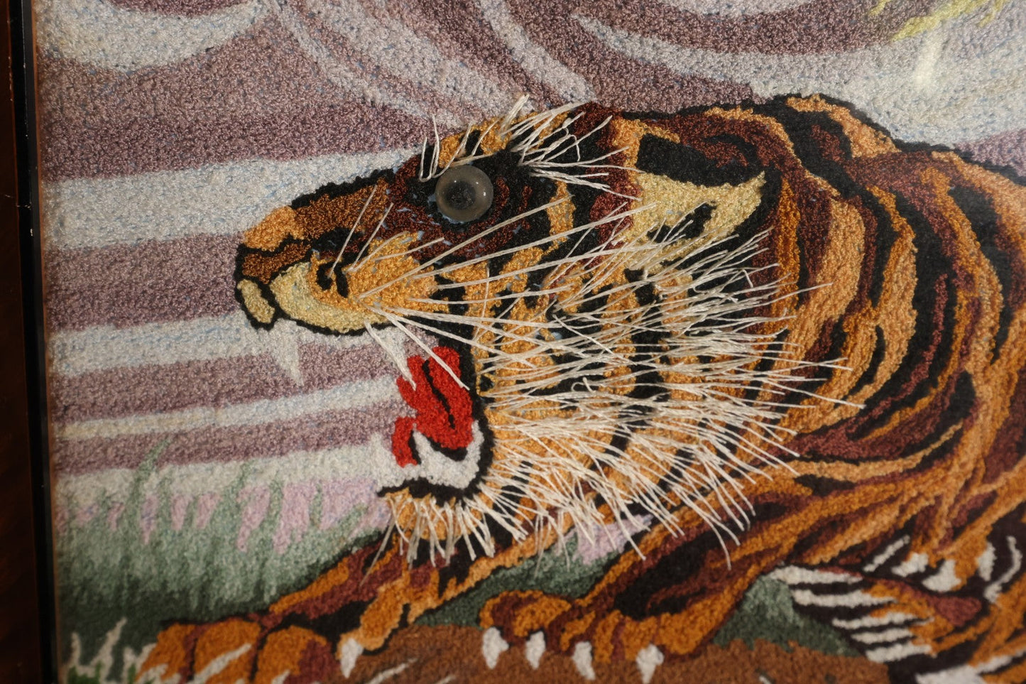 Lot 009 - Vintage Japanese Embroidered Tiger Textile Art In Frame, Circa 1969, Backed With Wood Panel