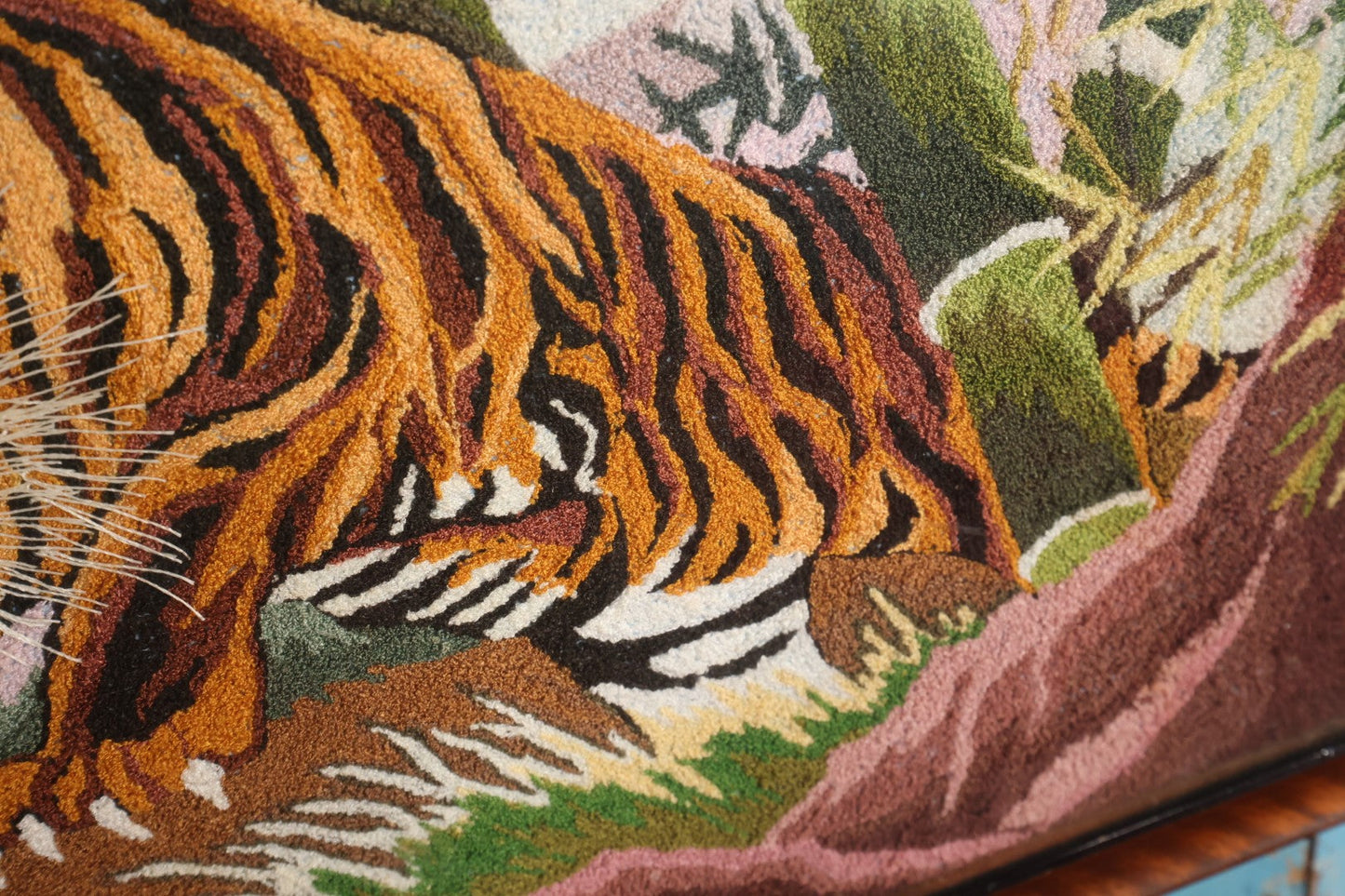 Lot 009 - Vintage Japanese Embroidered Tiger Textile Art In Frame, Circa 1969, Backed With Wood Panel