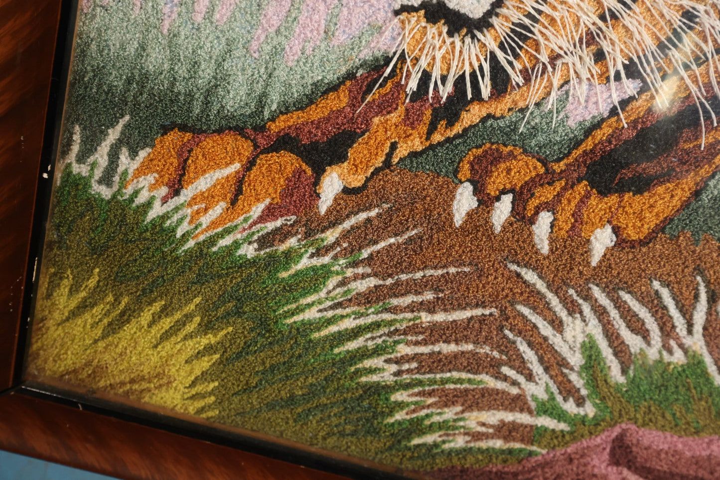 Lot 009 - Vintage Japanese Embroidered Tiger Textile Art In Frame, Circa 1969, Backed With Wood Panel