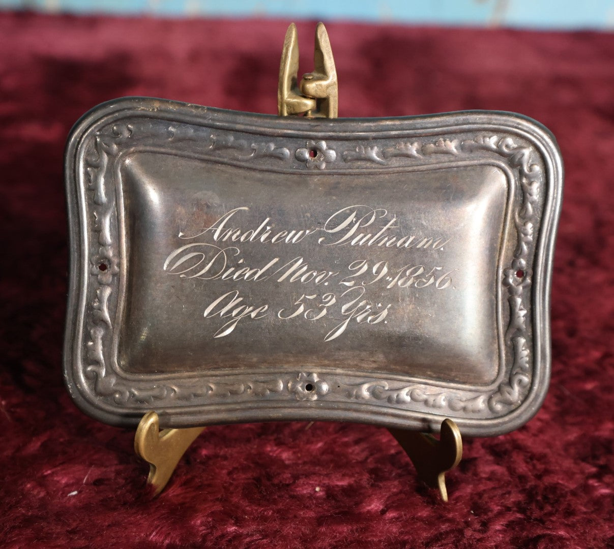 Lot 011 - Antique Casket Plaque For Andrew Putnam, Died Novemeber 29, 1856, Age 53 Years