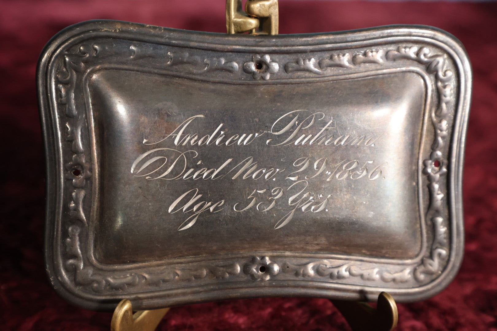 Lot 011 - Antique Casket Plaque For Andrew Putnam, Died Novemeber 29, 1856, Age 53 Years