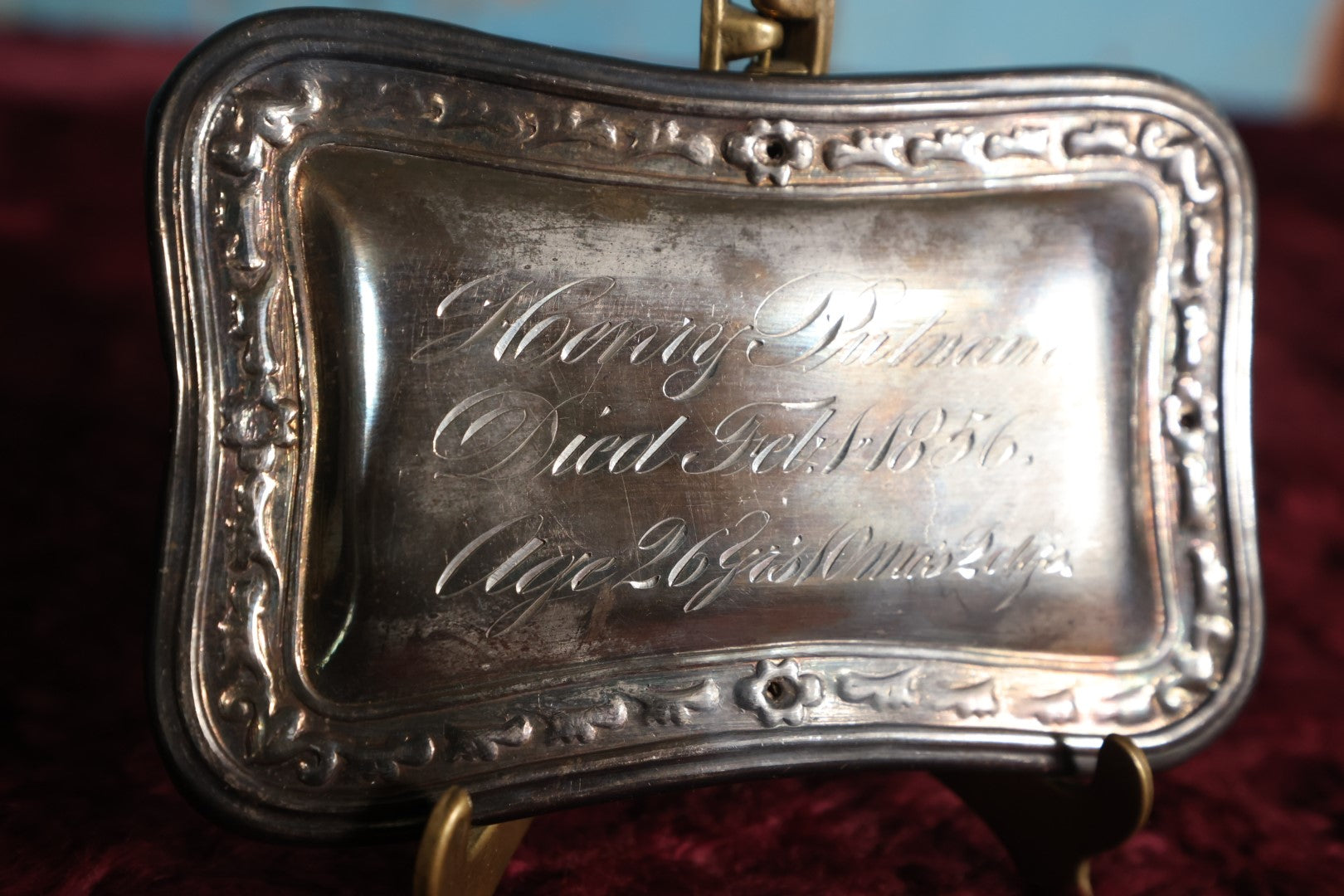 Lot 012 - Antique Casket Plaque For Henry Putnam, Died February 1, 1856, Age 26 Years