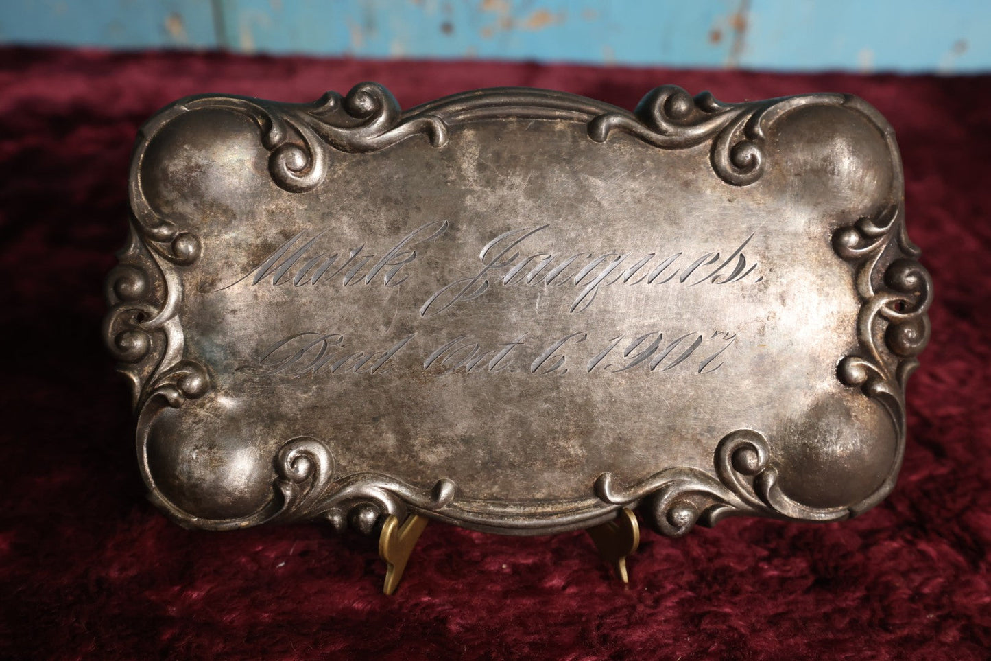 Lot 013 - Antique Casket Plaque For Mark Jacques, Died October 6, 1907, Manufactured By S&Co, Likely Simmons And Company, No. 201