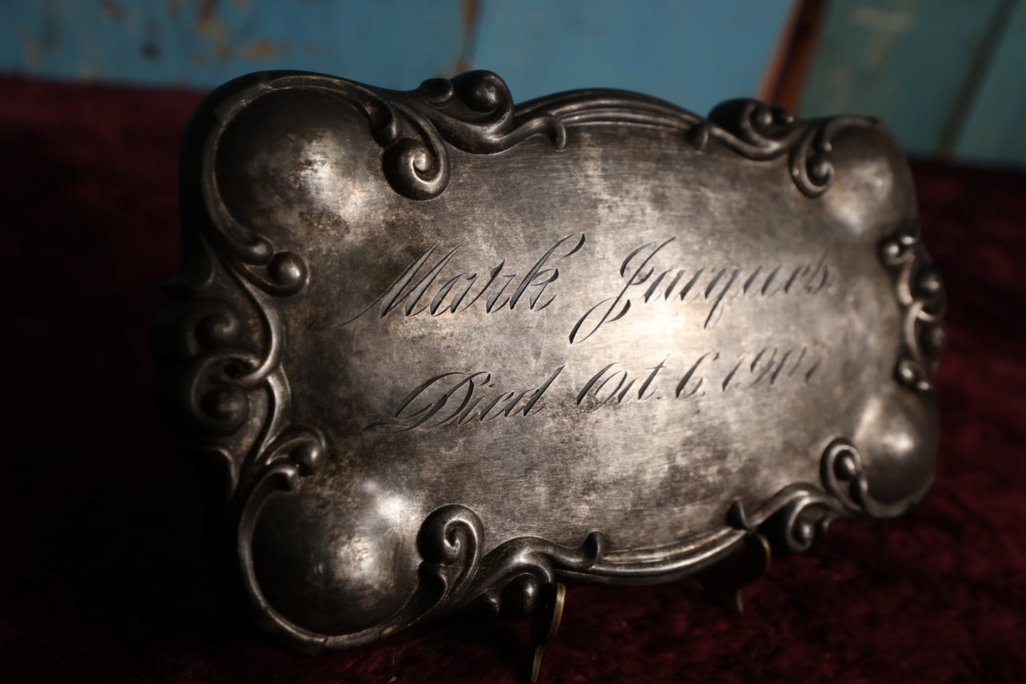 Lot 013 - Antique Casket Plaque For Mark Jacques, Died October 6, 1907, Manufactured By S&Co, Likely Simmons And Company, No. 201