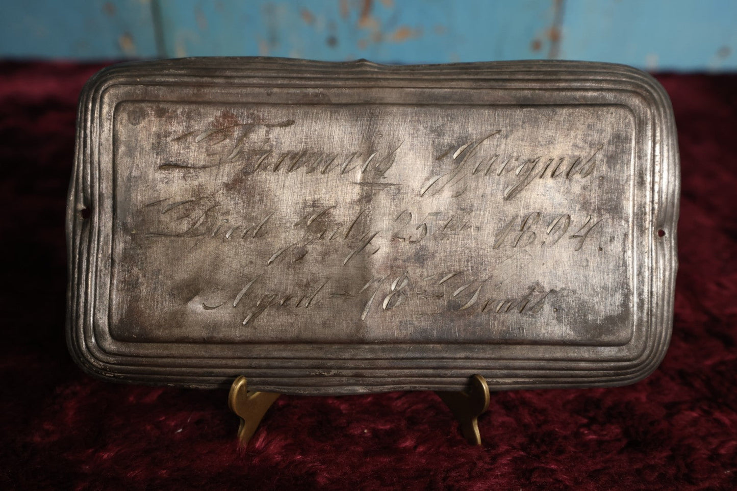 Lot 014 - Antique Casket Plaque For Francis Jacques, Died July 25, 1894, Age 78 Years