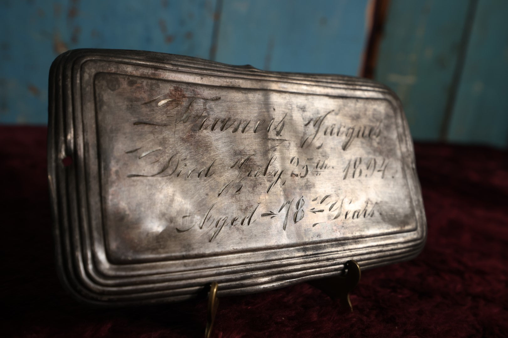 Lot 014 - Antique Casket Plaque For Francis Jacques, Died July 25, 1894, Age 78 Years