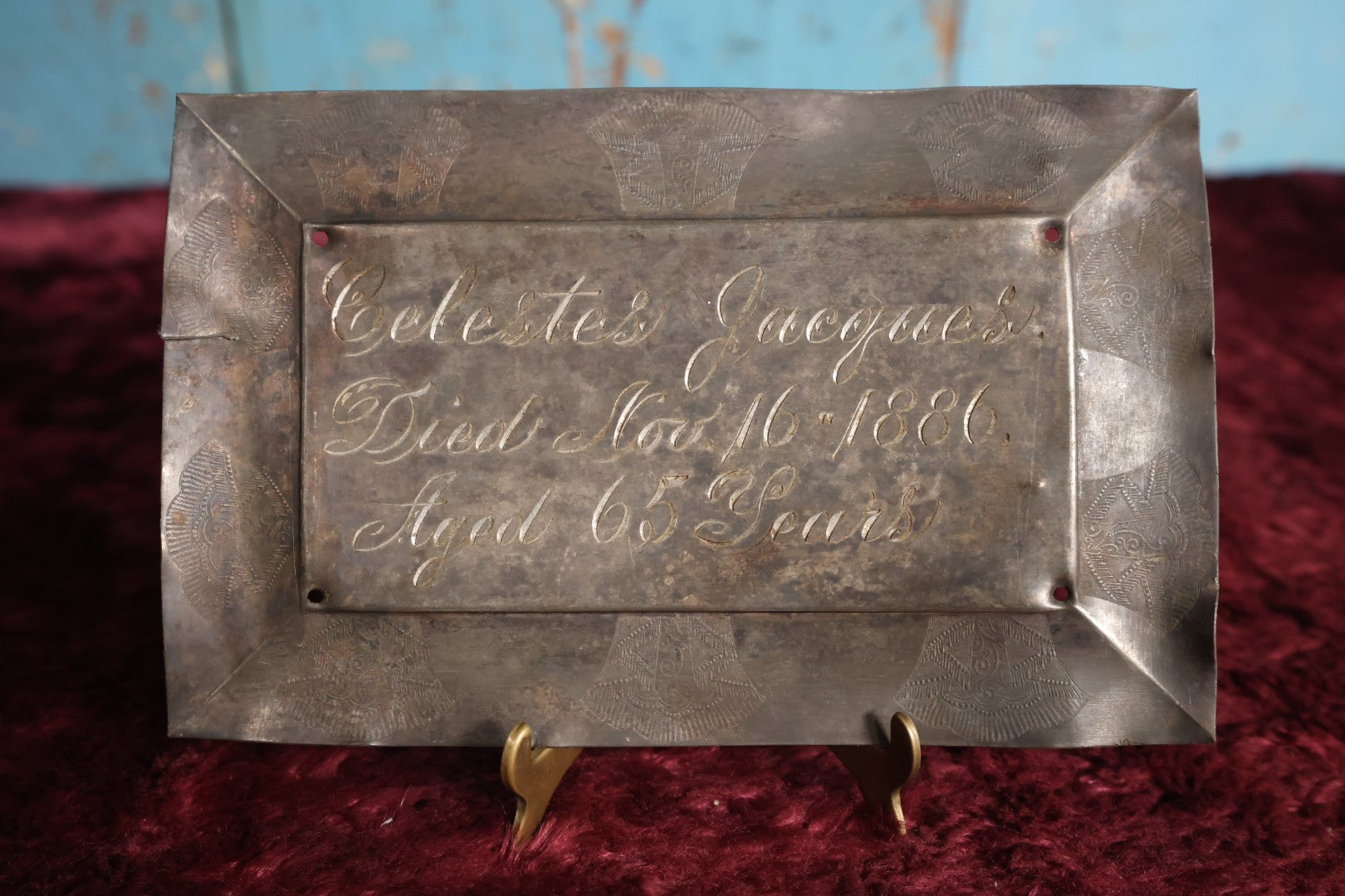 Lot 015 - Antique Casket Plaque For Celestes Jacques, Died November 16, 1886, Age 65 Years, Note Warping