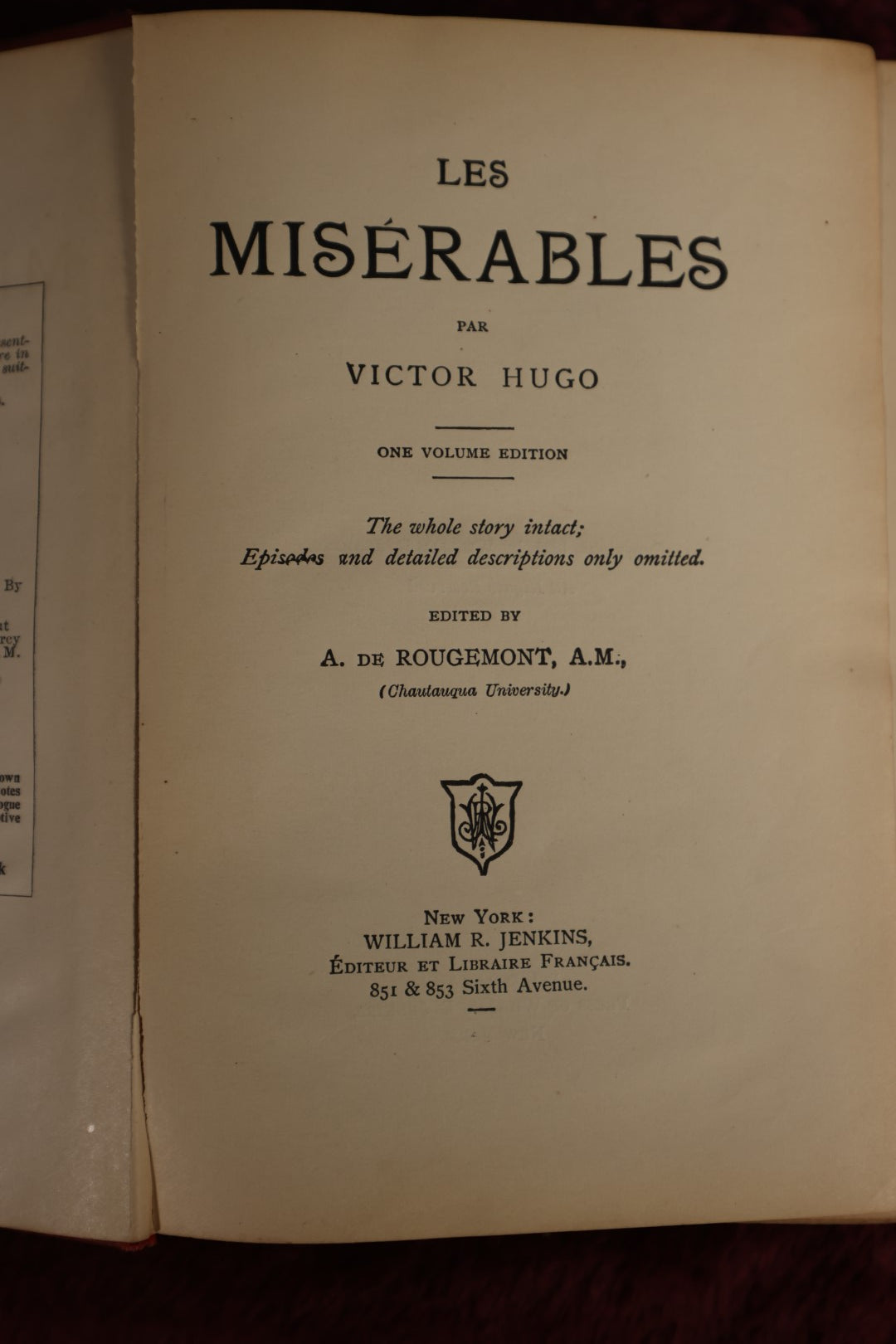 Lot 170 - Book - "Les Miserables" By Victor Hugo, Copyright 1895 By William R. Jenkins, One Volume Edition