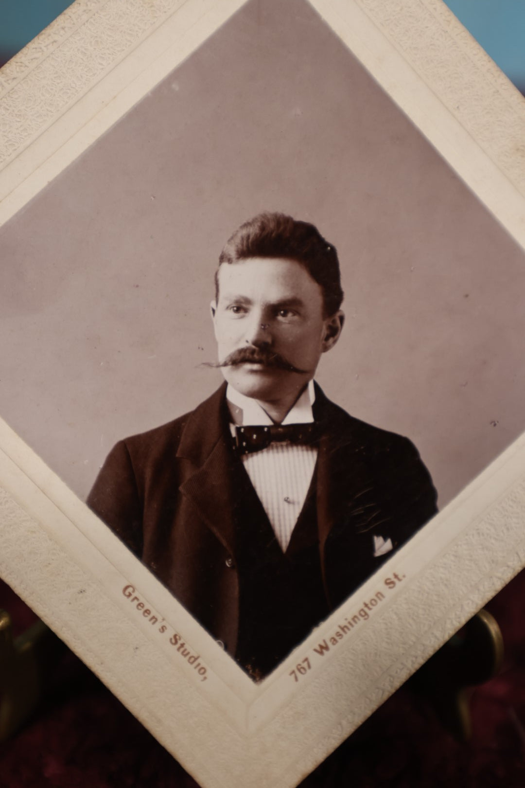 Lot 179 - Single Photo - Diagonal Photo of Man With Incredible Mustache, Green's Studio, 767 Washington Street, No City Listed