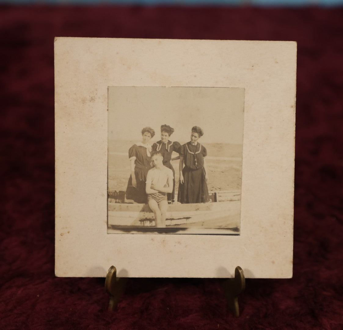 Lot 182 - Single Photo - Small Boarded Photo of Three Ladies And Young Man At Beach, Fashion