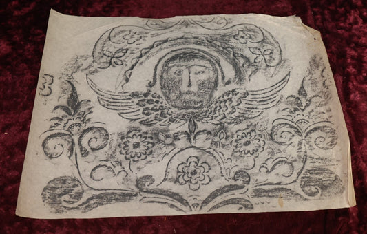 Lot 018 - Vintage Grave Rubbing of An 18th Century New England Grave of Mrs Rhoda Hawkes, Died March 5, 1791, Vermont On Paper, Unframed, Floral Designs, Winged Face, Skull, Note Wear, Folds, Losses