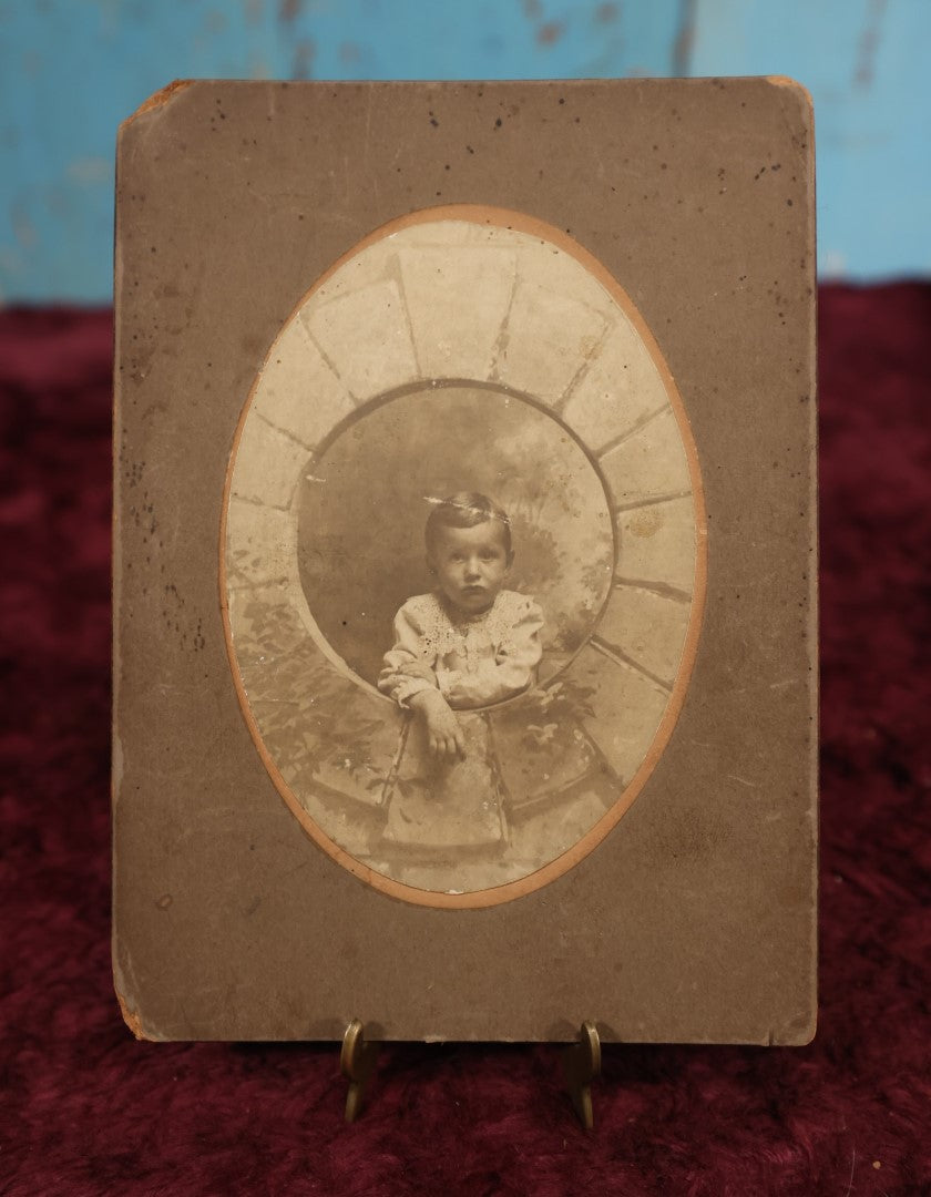 Lot 185 - Single Photo - Small Boarded Photo of Boy In Unique Studio Set, Charlestown, Massachusetts