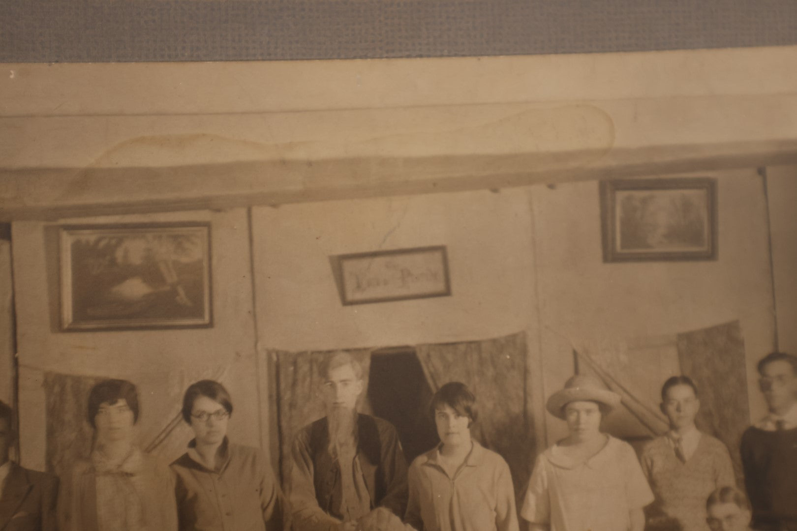 Lot 187 - Single Photo - Early 20th Century Cast of A Stage Play, Young People In Costume, Embroidered Motto On Wall