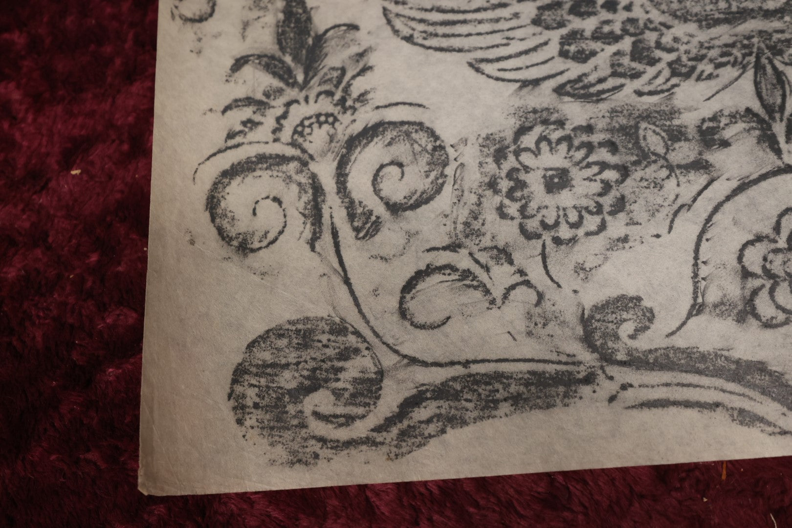 Lot 018 - Vintage Grave Rubbing of An 18th Century New England Grave of Mrs Rhoda Hawkes, Died March 5, 1791, Vermont On Paper, Unframed, Floral Designs, Winged Face, Skull, Note Wear, Folds, Losses