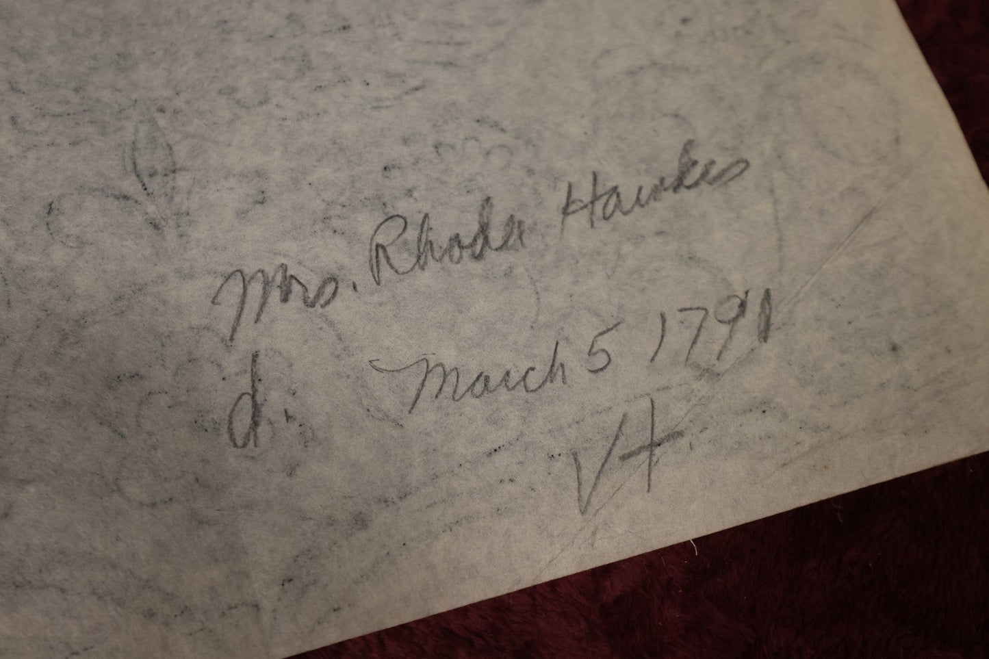 Lot 018 - Vintage Grave Rubbing of An 18th Century New England Grave of Mrs Rhoda Hawkes, Died March 5, 1791, Vermont On Paper, Unframed, Floral Designs, Winged Face, Skull, Note Wear, Folds, Losses