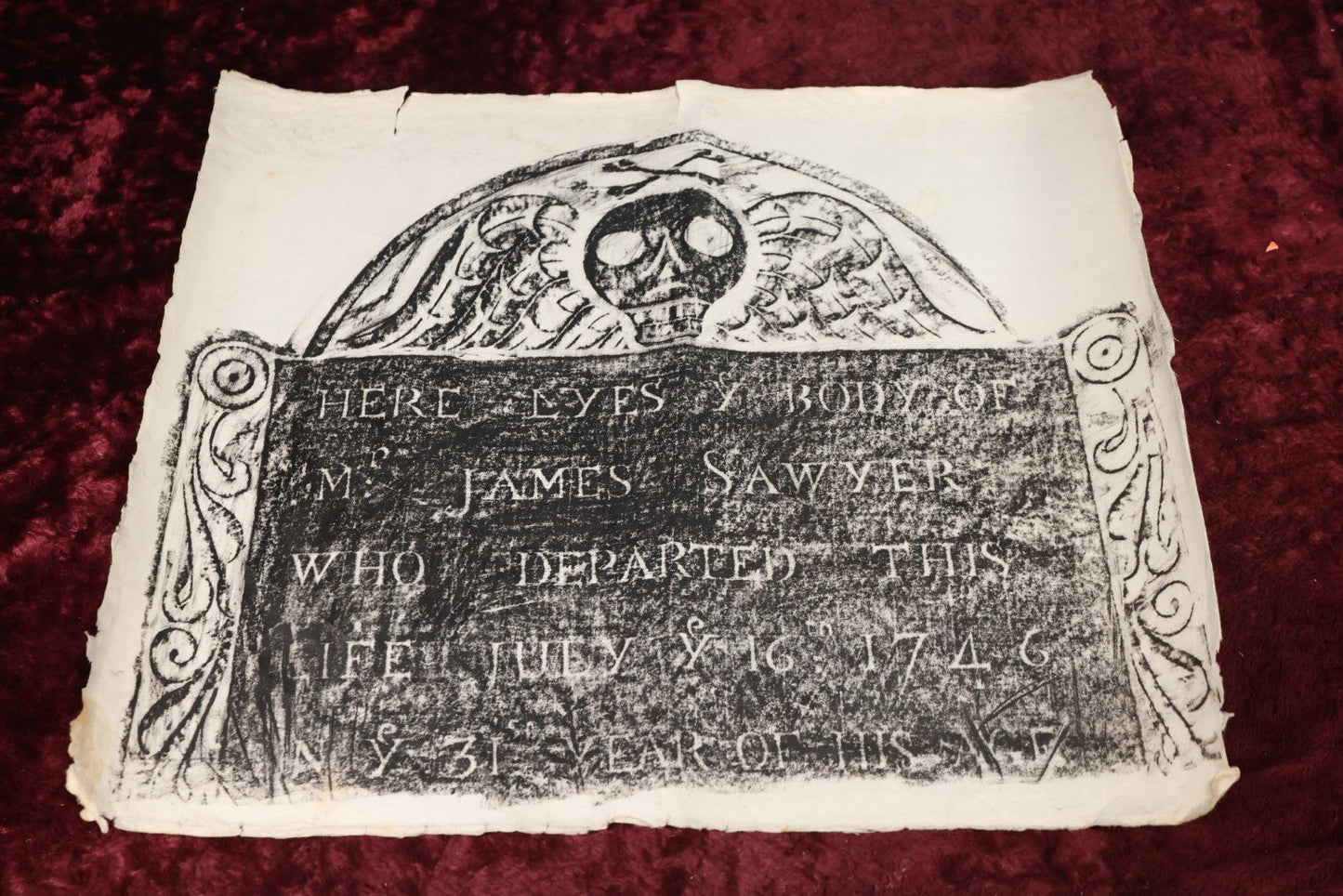 Lot 019 - Vintage Grave Rubbing of An 18th Century New England Grave of Mr. James Sawyer, Died July 16Th, 1746, Age 31 Years, On Paper, Unframed, Floral Designs, Winged Skull, Note Wear, Folds, Losses