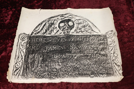 Lot 019 - Vintage Grave Rubbing of An 18th Century New England Grave of Mr. James Sawyer, Died July 16Th, 1746, Age 31 Years, On Paper, Unframed, Floral Designs, Winged Skull, Note Wear, Folds, Losses