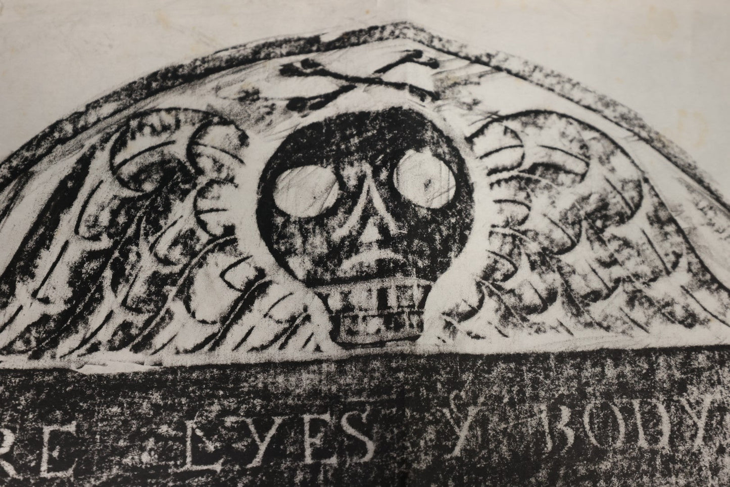 Lot 019 - Vintage Grave Rubbing of An 18th Century New England Grave of Mr. James Sawyer, Died July 16Th, 1746, Age 31 Years, On Paper, Unframed, Floral Designs, Winged Skull, Note Wear, Folds, Losses