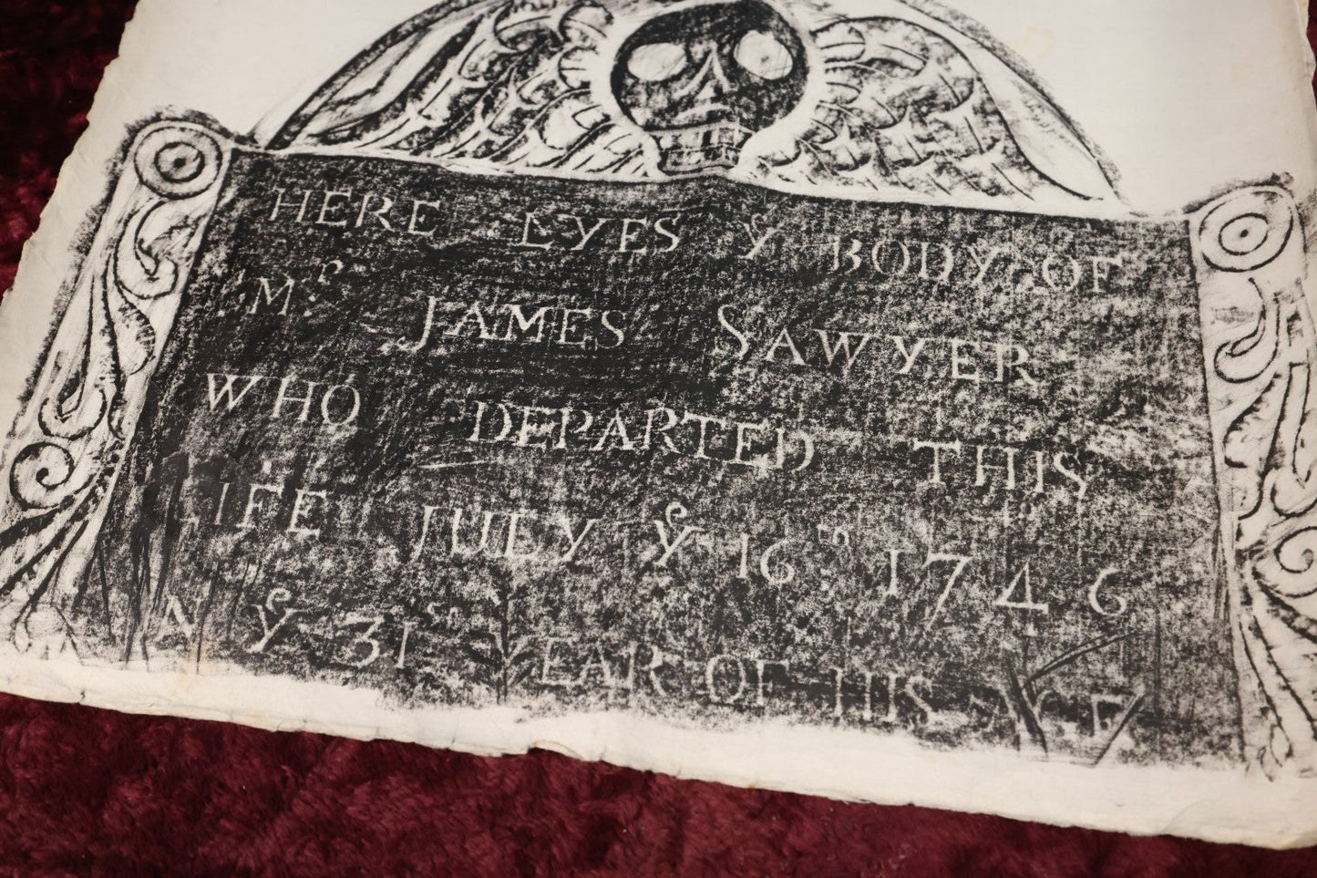 Lot 019 - Vintage Grave Rubbing of An 18th Century New England Grave of Mr. James Sawyer, Died July 16Th, 1746, Age 31 Years, On Paper, Unframed, Floral Designs, Winged Skull, Note Wear, Folds, Losses