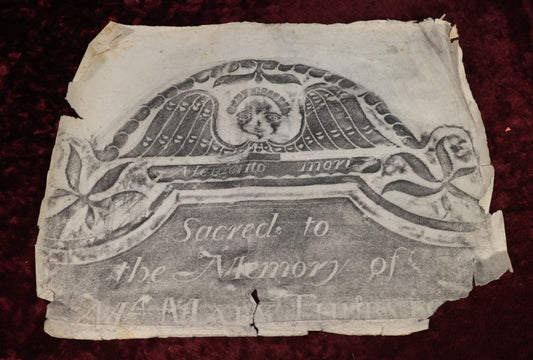 Lot 020 - Vintage Grave Rubbing of An 18th Century New England Grave Memento Mori, Name Illegible, On Paper, Unframed, Floral Designs, Winged Grinning Face, Note Severe Wear, Folds, Losses