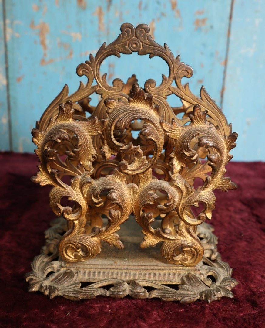 Lot 022 - Antique Gold Toned Metal Rococo Intricate Scrollwork Ornate Letter Holder With Two Sections, Handle, Bottom Marked 6600