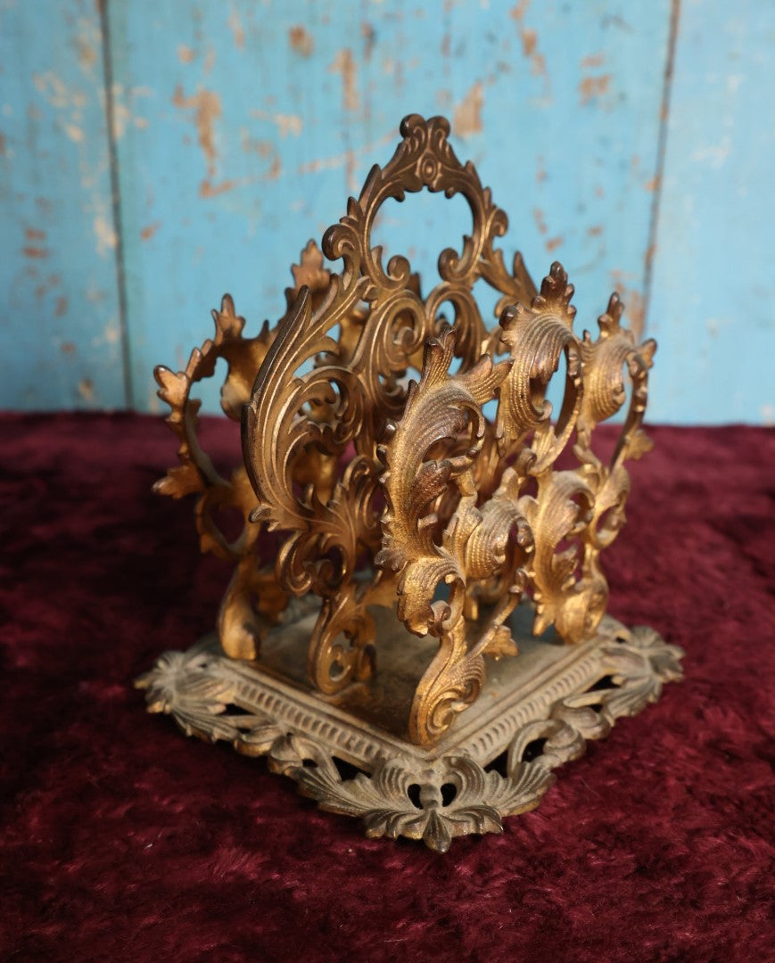 Lot 022 - Antique Gold Toned Metal Rococo Intricate Scrollwork Ornate Letter Holder With Two Sections, Handle, Bottom Marked 6600