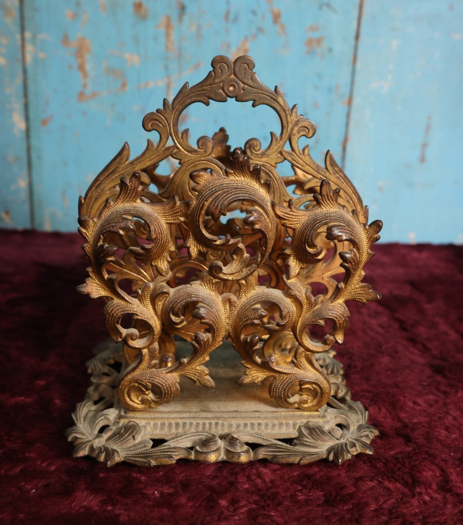 Lot 022 - Antique Gold Toned Metal Rococo Intricate Scrollwork Ornate Letter Holder With Two Sections, Handle, Bottom Marked 6600