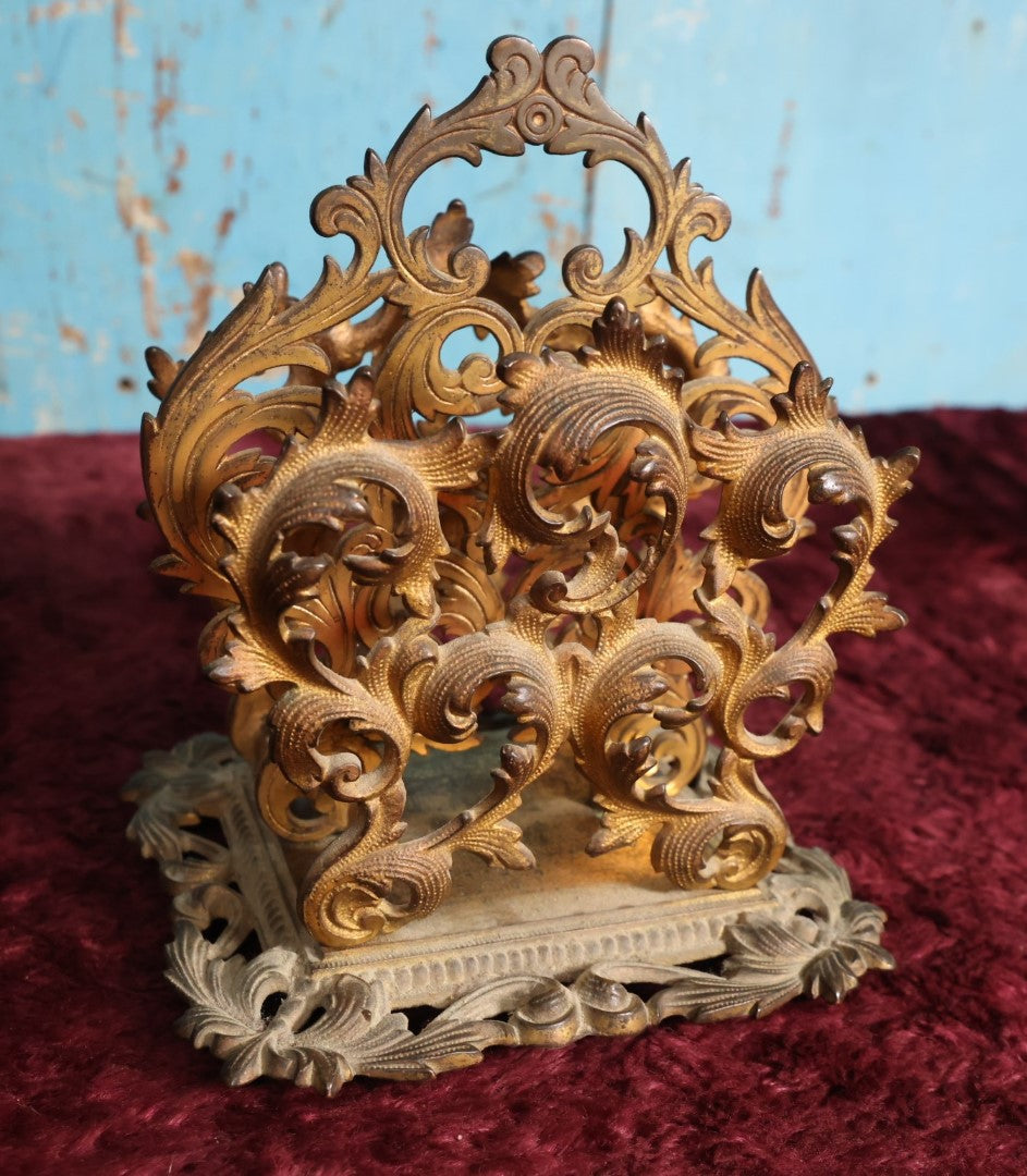 Lot 022 - Antique Gold Toned Metal Rococo Intricate Scrollwork Ornate Letter Holder With Two Sections, Handle, Bottom Marked 6600