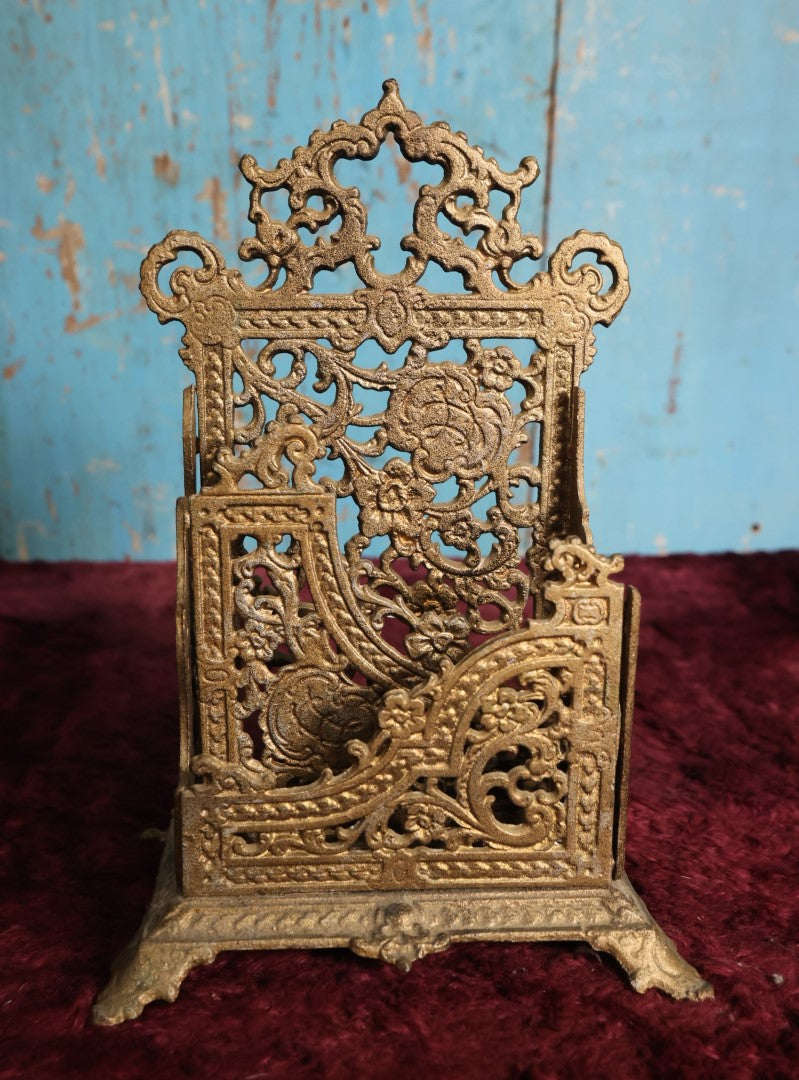 Lot 023 - Antique Gold Toned Cast Iron Painted Divided Letter Holder With Intricate, Ornate Design, Two Sections