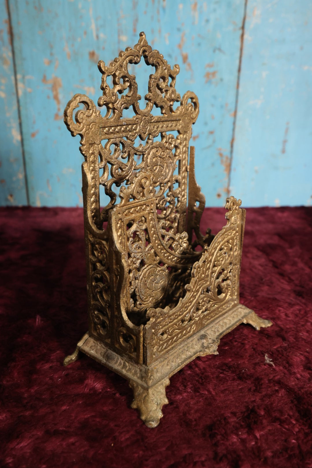 Lot 023 - Antique Gold Toned Cast Iron Painted Divided Letter Holder With Intricate, Ornate Design, Two Sections