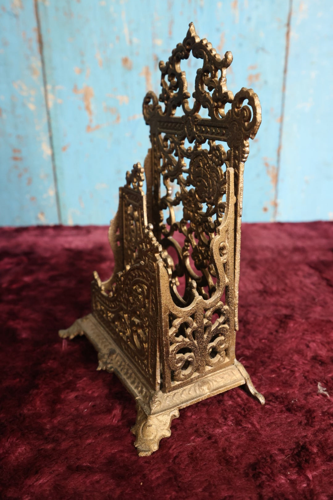 Lot 023 - Antique Gold Toned Cast Iron Painted Divided Letter Holder With Intricate, Ornate Design, Two Sections