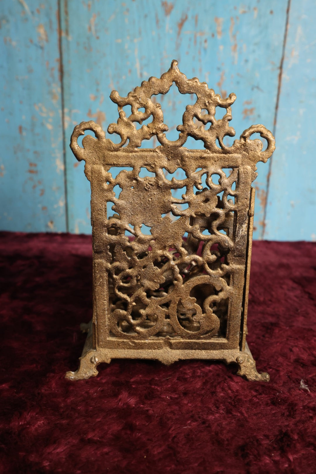 Lot 023 - Antique Gold Toned Cast Iron Painted Divided Letter Holder With Intricate, Ornate Design, Two Sections