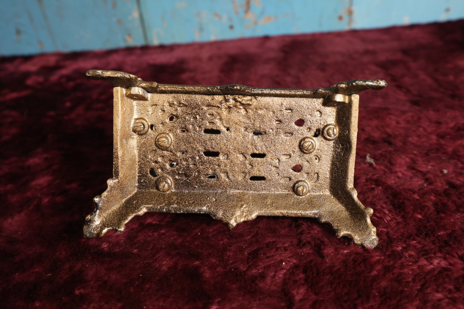 Lot 023 - Antique Gold Toned Cast Iron Painted Divided Letter Holder With Intricate, Ornate Design, Two Sections