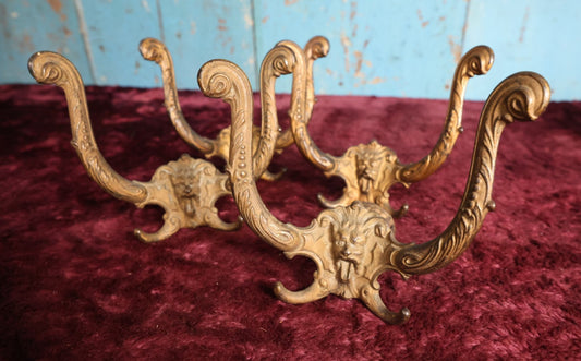 Lot 024 - Grouping of Four Antique Neoclassical Ornate Gold Painted Cast Iron Hardware Coat Hangers With Figural Lion Face With Flanges, Screws, Nuts