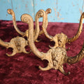 Lot 024 - Grouping of Four Antique Neoclassical Ornate Gold Painted Cast Iron Hardware Coat Hangers With Figural Lion Face With Flanges, Screws, Nuts
