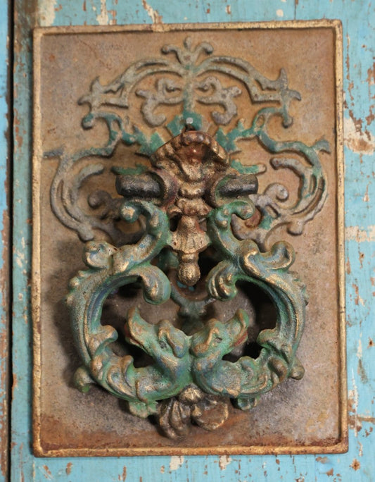 Lot 026 - Vintage Colorful Painted Cast Iron Rococo Door Knocker With Dragon, Serpent Motif